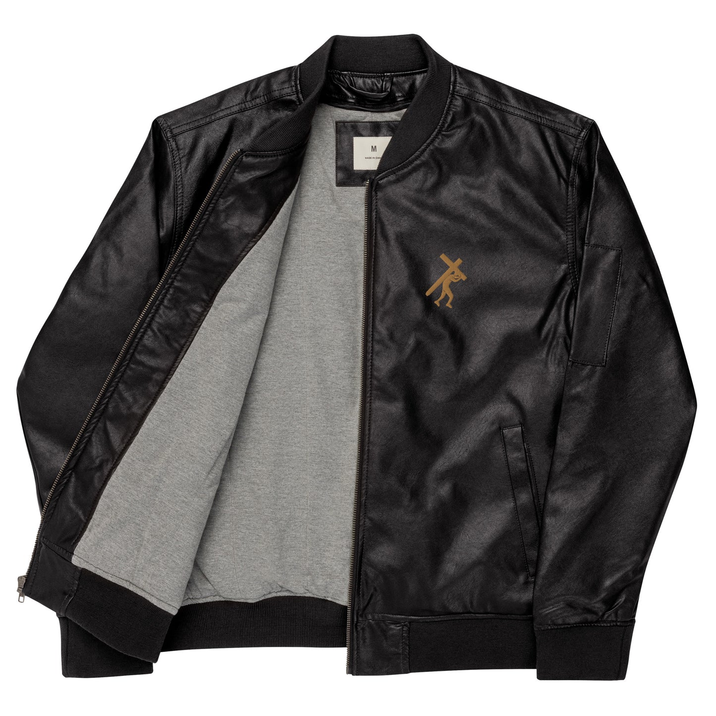 Brand Logo Embroidered Leather Bomber Jacket