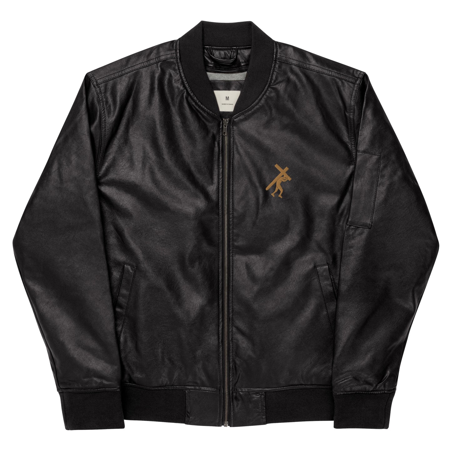 Brand Logo Embroidered Leather Bomber Jacket