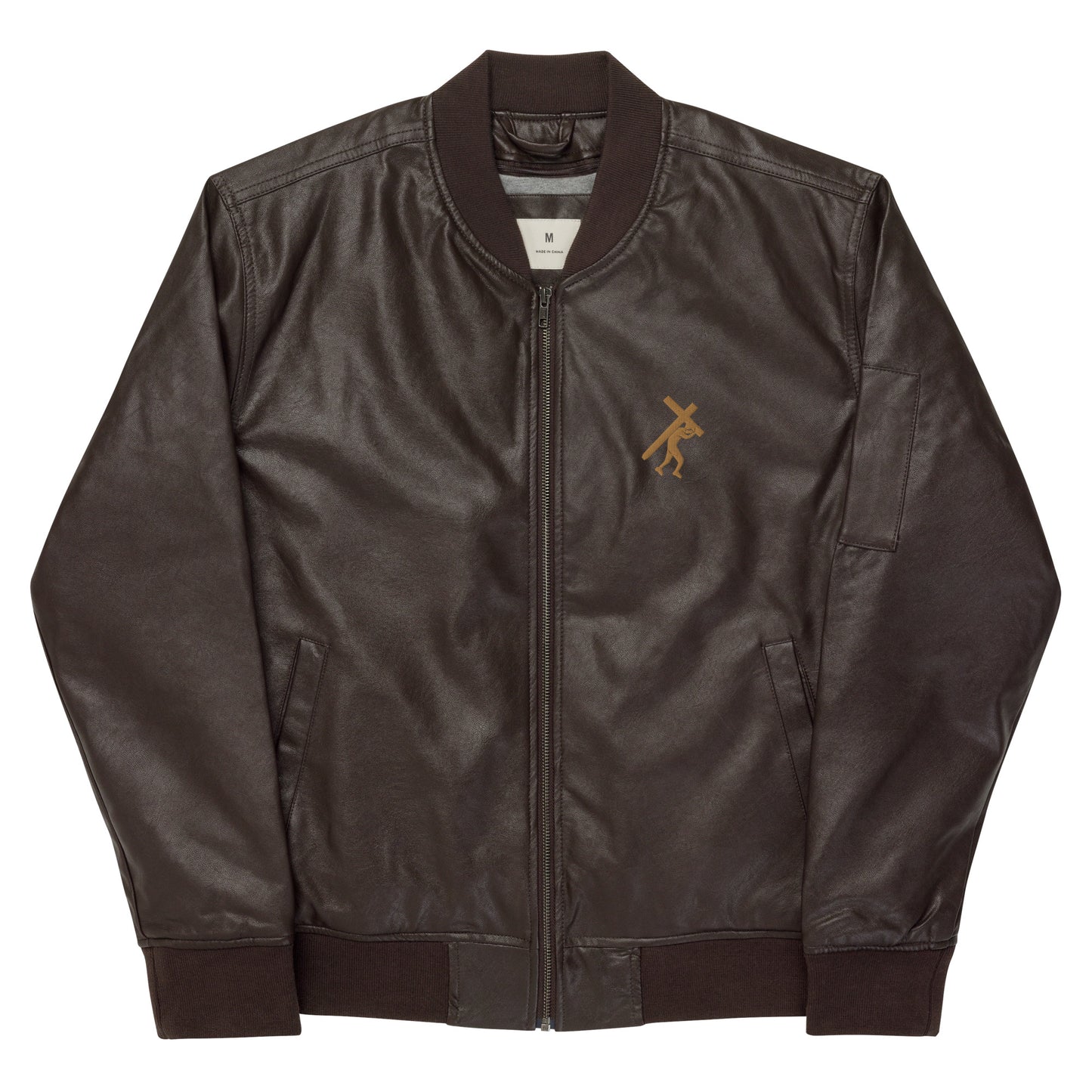 Brand Logo Embroidered Leather Bomber Jacket